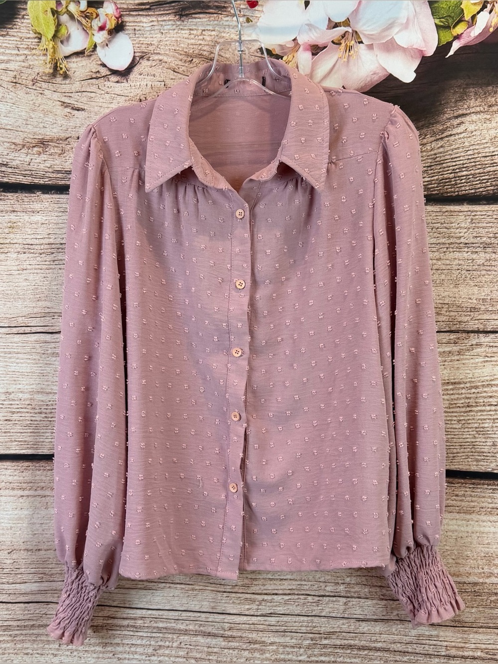 Women’s Pastel Pink Embroidered Shirred Sleeve Button Down Shirt Blouse